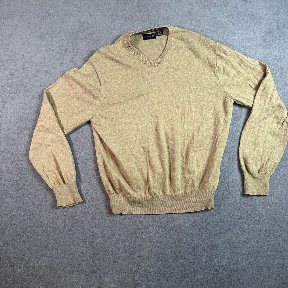 Madison Cotton Cashmere Sweater Mens Large Tan Brown V Neck Pullover Sweater